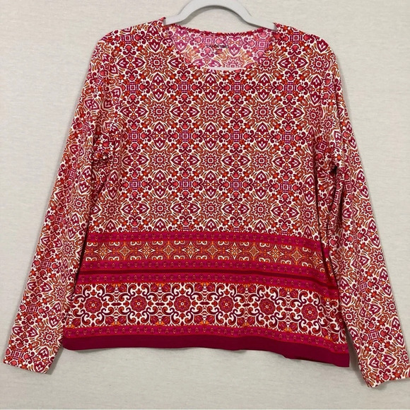 Lands' End Red White Geometric Stretch Sun Protection Long Sleeve Top Large - Picture 1 of 9